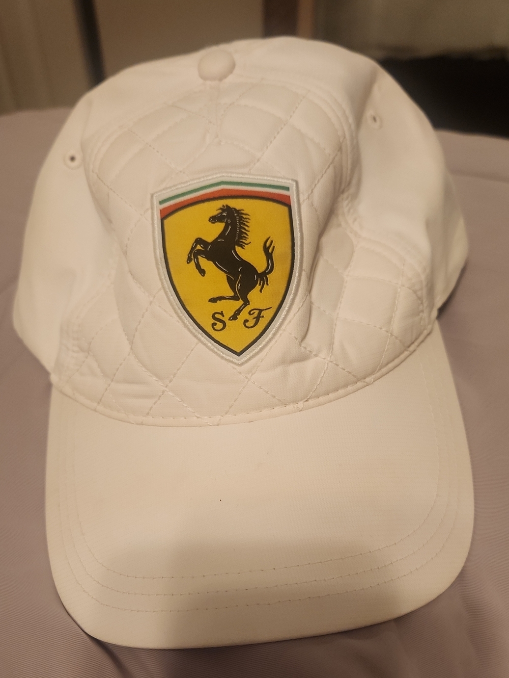 Ferrari White Quilted Baseball Cap with Yellow Shield Logo